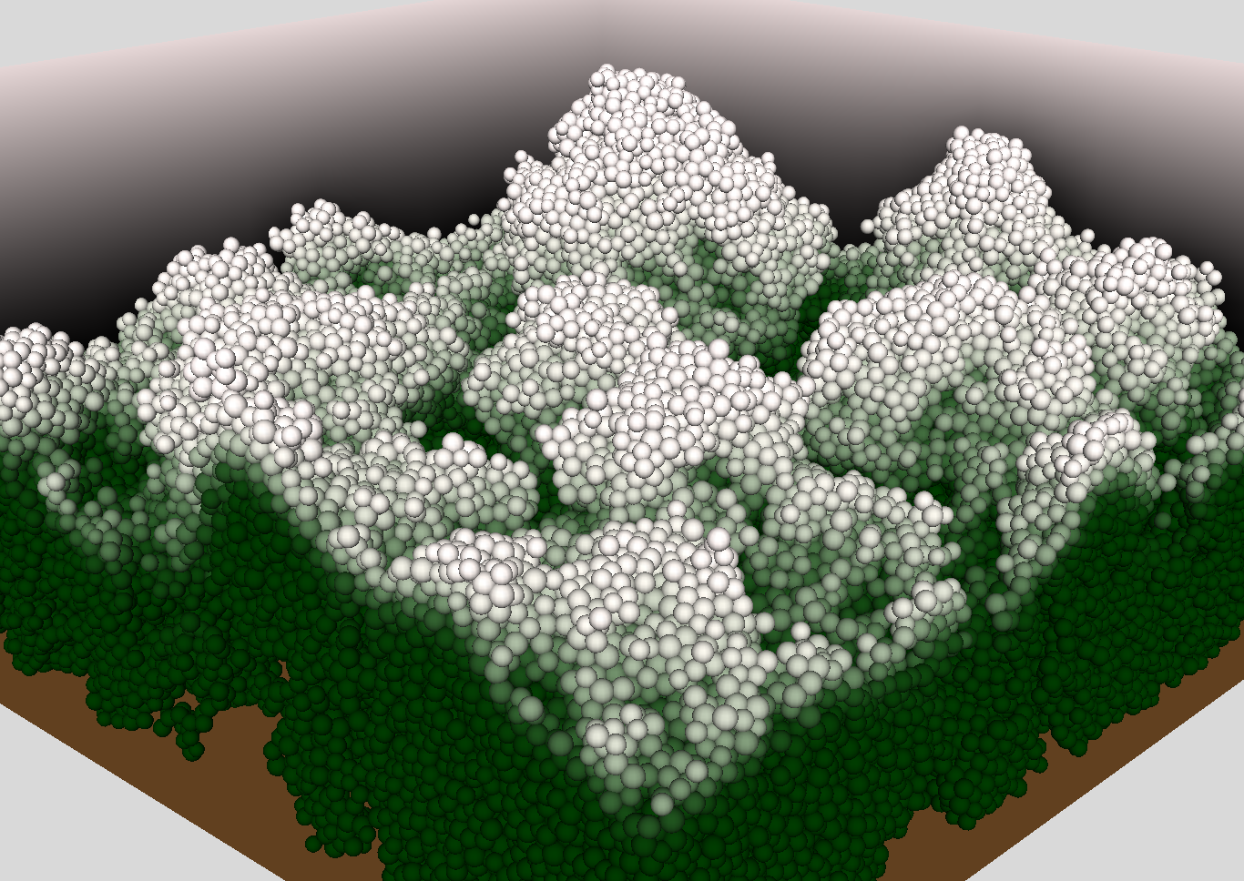 Snow falling in a forest. Actually a bacterial biofilm that has been colour coded so that the bacterials cells that grow the fastest are white, and those that grow the slowest are green. Notice the white, fast-growing cells tend to be on top. This is because they are able to receive more of the nutrient coming from above, much as trees grow upwards to maximise the amount of sunlight they receive - so the forest analogy is quite apt.